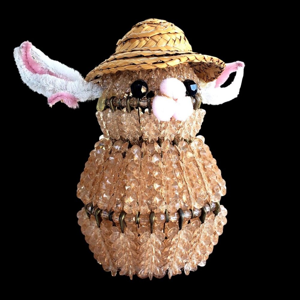 Beaded Safety Pin Art Kitsch Rabbit Bunny Folk Art Beads on Wires Handmade 7"